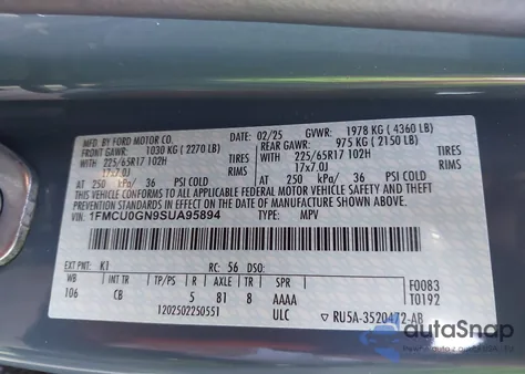 2025 Ford Escape Active z USA, uszkodzony, nr VIN 1FMCU0GN9SUA95894